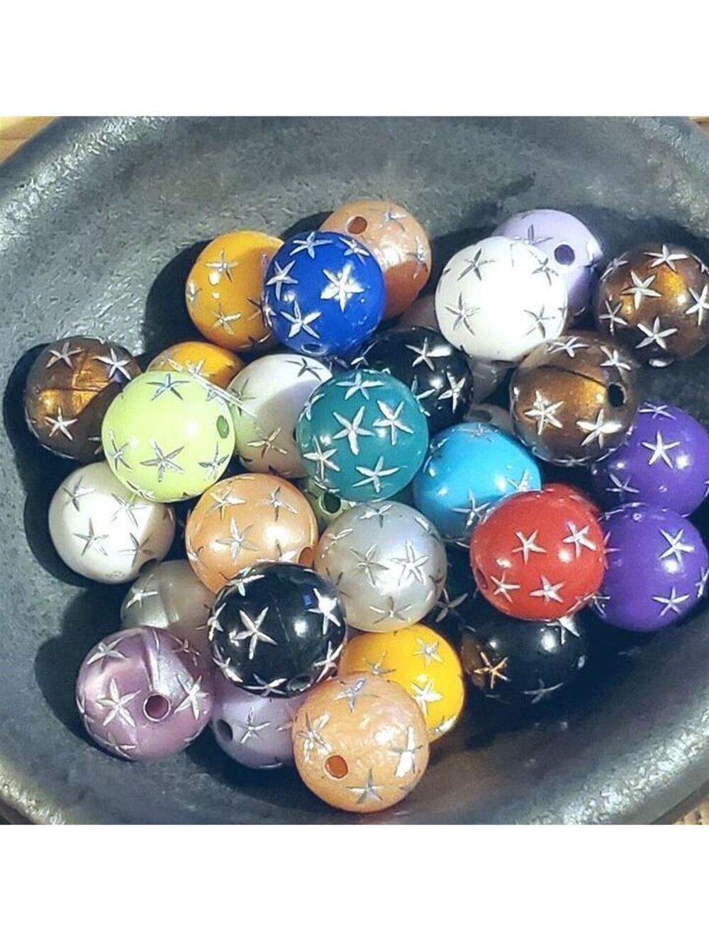Mixed Colors Vintage 90s Silver Stars 12mm Round Acrylic Shabby Beads 10 pcs